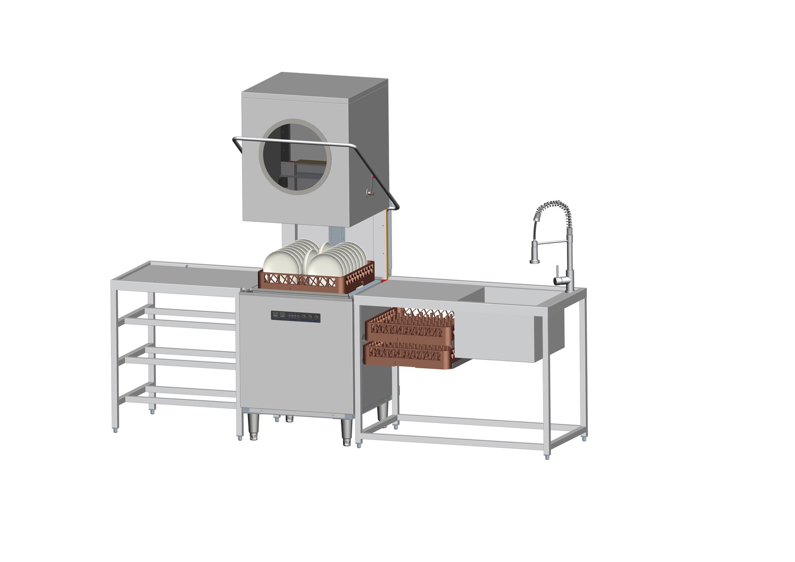 GH-300 commercial dishwashing workstation layout: inlet table, hood-type dishwasher and twin-bowl sink table, about 2470 mm overall at 800 mm working height