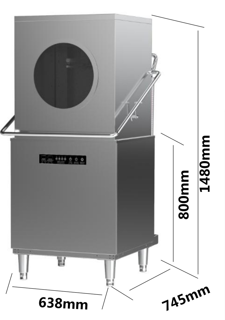 GH-300 hood-type dishwasher dimension drawing: 638 mm width, 745 mm depth, 1480 mm height, 800 mm loading height