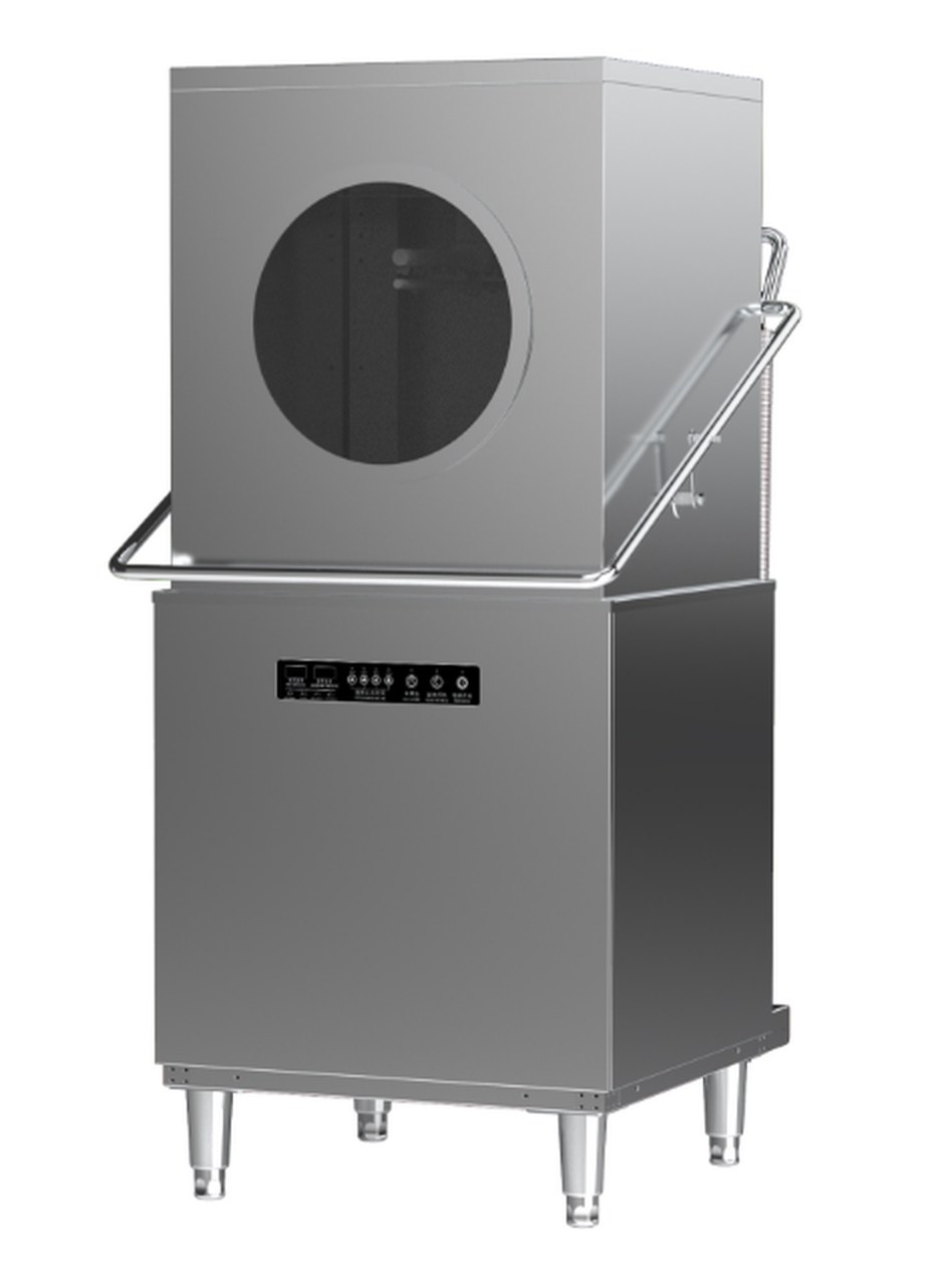 Platinum-Wit GH-300 manual hood-type commercial dishwasher, front view with round window hood and stainless steel body