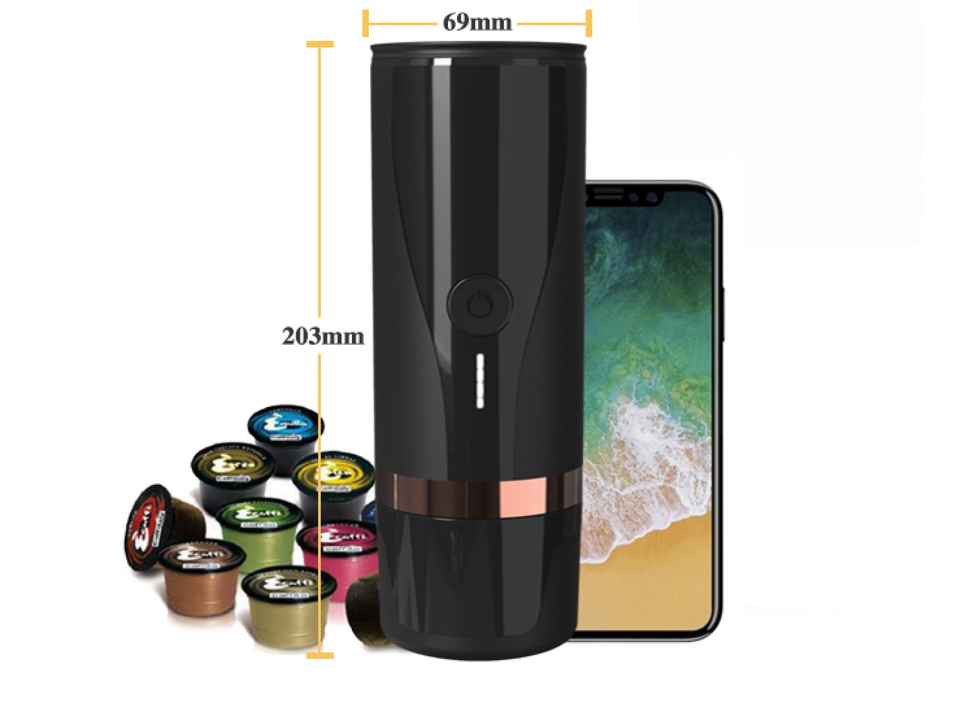 便携式浓缩咖啡机尺寸标注图：直径 69mm、高度 203mm，旁为手机与通用咖啡胶囊作尺寸参照